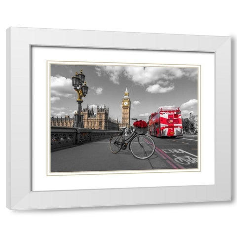 Bicycle with bunch of flowers on Westminster Bridge, London, UK White Modern Wood Framed Art Print with Double Matting by Frank, Assaf