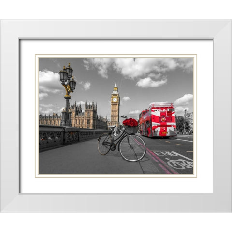 Bicycle with bunch of flowers on Westminster Bridge, London, UK White Modern Wood Framed Art Print with Double Matting by Frank, Assaf