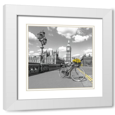 Bicycle with bunch of flowers on Westminster Bridge-London-UK White Modern Wood Framed Art Print with Double Matting by Frank, Assaf