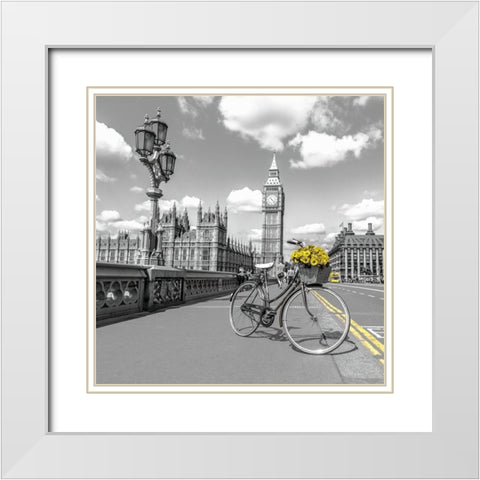 Bicycle with bunch of flowers on Westminster Bridge-London-UK White Modern Wood Framed Art Print with Double Matting by Frank, Assaf