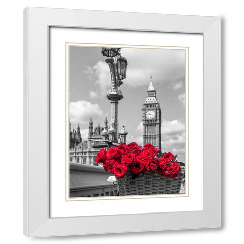Bicycle with bunch of flowers on Westminster Bridge, London, UK White Modern Wood Framed Art Print with Double Matting by Frank, Assaf