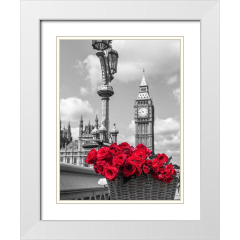 Bicycle with bunch of flowers on Westminster Bridge, London, UK White Modern Wood Framed Art Print with Double Matting by Frank, Assaf