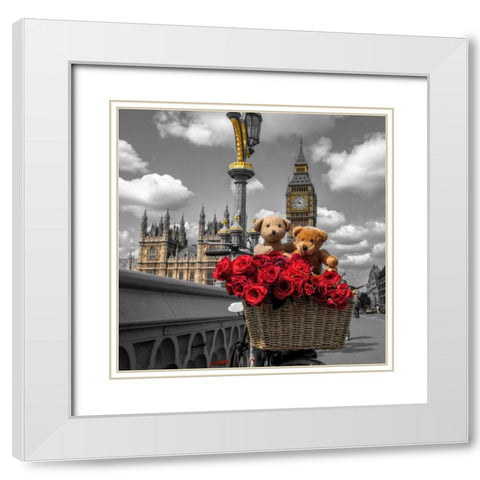 Bicycle with bunch of flowers on Westminster Bridge, London, UK White Modern Wood Framed Art Print with Double Matting by Frank, Assaf