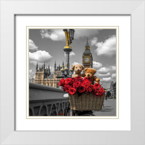 Bicycle with bunch of flowers on Westminster Bridge, London, UK White Modern Wood Framed Art Print with Double Matting by Frank, Assaf