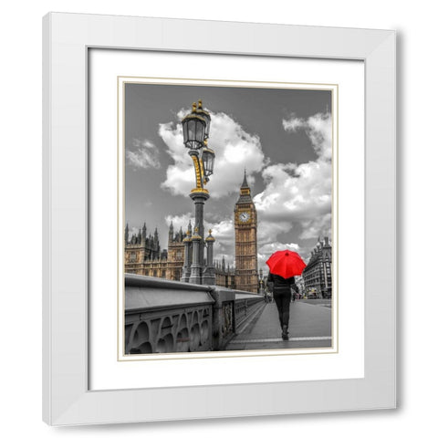 Tourist with an umbrella on Westminster Bridge, London, UK White Modern Wood Framed Art Print with Double Matting by Frank, Assaf
