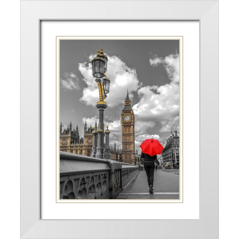 Tourist with an umbrella on Westminster Bridge, London, UK White Modern Wood Framed Art Print with Double Matting by Frank, Assaf