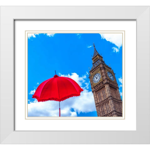 Big Ben with Red Umbrella, London, UK White Modern Wood Framed Art Print with Double Matting by Frank, Assaf