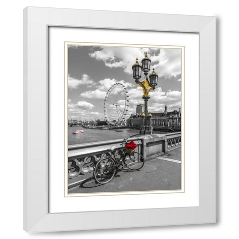 Bicycle with bunch of flowers on Westminster Bridge, London, UK White Modern Wood Framed Art Print with Double Matting by Frank, Assaf