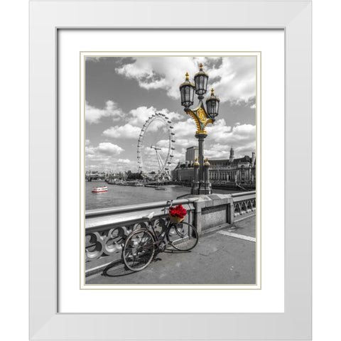 Bicycle with bunch of flowers on Westminster Bridge, London, UK White Modern Wood Framed Art Print with Double Matting by Frank, Assaf
