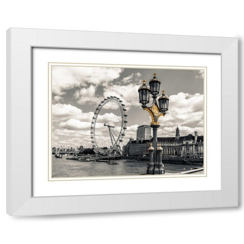 Lampost with London eye and County hall in background, London, UK White Modern Wood Framed Art Print with Double Matting by Frank, Assaf