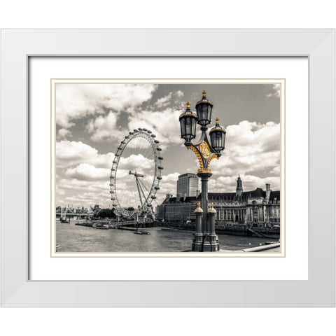 Lampost with London eye and County hall in background, London, UK White Modern Wood Framed Art Print with Double Matting by Frank, Assaf