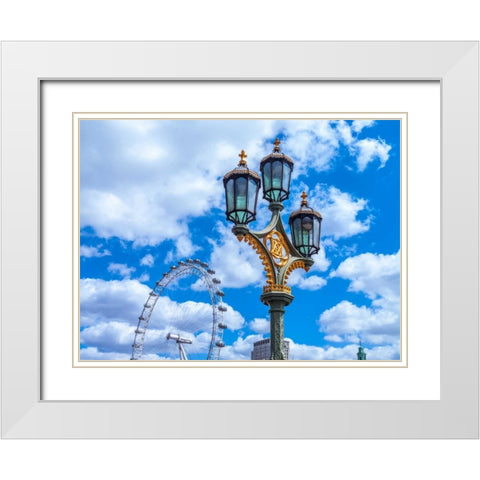 Street lamp with London Eye in background, London, UK White Modern Wood Framed Art Print with Double Matting by Frank, Assaf