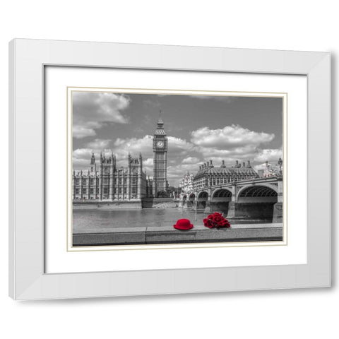 Bunch of Roses and hat on Thames promenade agaisnt Big Ben, London, UK White Modern Wood Framed Art Print with Double Matting by Frank, Assaf