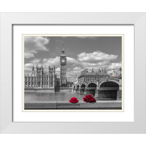 Bunch of Roses and hat on Thames promenade agaisnt Big Ben, London, UK White Modern Wood Framed Art Print with Double Matting by Frank, Assaf