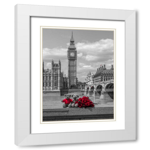 Teddy bear and bunch of Roses on Thames promenade agaisnt Westminster Abby, London, UK White Modern Wood Framed Art Print with Double Matting by Frank, Assaf