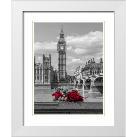 Teddy bear and bunch of Roses on Thames promenade agaisnt Westminster Abby, London, UK White Modern Wood Framed Art Print with Double Matting by Frank, Assaf
