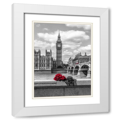 Bunch of Roses and hat on Thames promenade agaisnt Big Ben, London, UK White Modern Wood Framed Art Print with Double Matting by Frank, Assaf