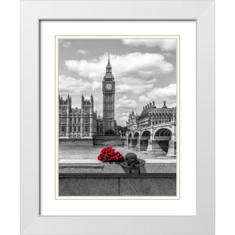 Bunch of Roses and hat on Thames promenade agaisnt Big Ben, London, UK White Modern Wood Framed Art Print with Double Matting by Frank, Assaf