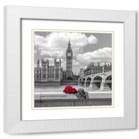 Bunch of Roses and hat on Thames promenade agaisnt Big Ben, London, UK White Modern Wood Framed Art Print with Double Matting by Frank, Assaf