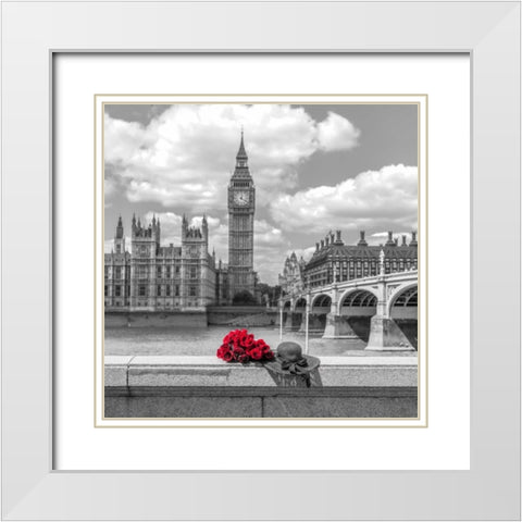 Bunch of Roses and hat on Thames promenade agaisnt Big Ben, London, UK White Modern Wood Framed Art Print with Double Matting by Frank, Assaf