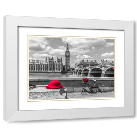 Red hat and bicycle on Thames promenade, London, UK White Modern Wood Framed Art Print with Double Matting by Frank, Assaf