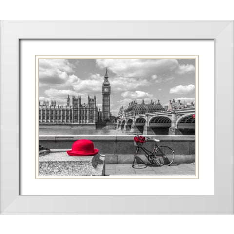 Red hat and bicycle on Thames promenade, London, UK White Modern Wood Framed Art Print with Double Matting by Frank, Assaf