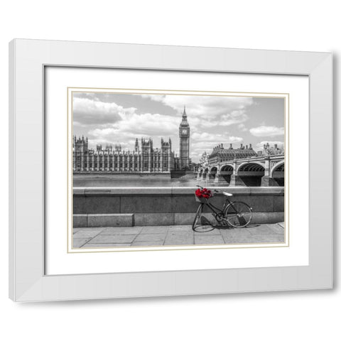 Bunch of Roses on a bicycle agaisnt Westminster Abby, London, UK White Modern Wood Framed Art Print with Double Matting by Frank, Assaf
