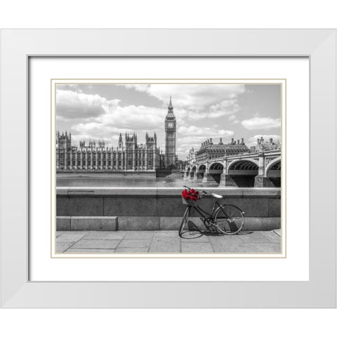 Bunch of Roses on a bicycle agaisnt Westminster Abby, London, UK White Modern Wood Framed Art Print with Double Matting by Frank, Assaf