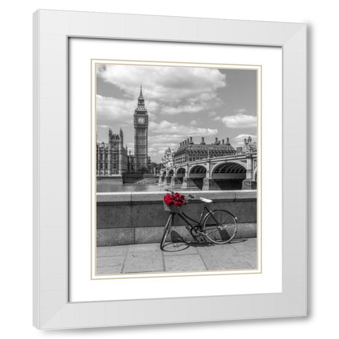 Bunch of Roses on a bicycle agaisnt Westminster Abby, London, UK White Modern Wood Framed Art Print with Double Matting by Frank, Assaf