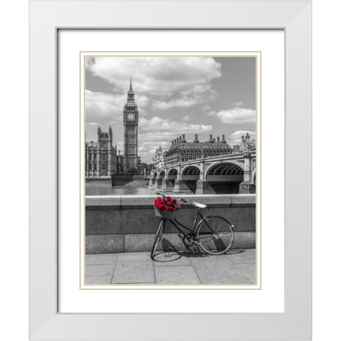 Bunch of Roses on a bicycle agaisnt Westminster Abby, London, UK White Modern Wood Framed Art Print with Double Matting by Frank, Assaf
