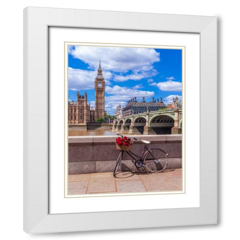 Bunch of Roses on a bicycle agaisnt Westminster Abby, London, UK White Modern Wood Framed Art Print with Double Matting by Frank, Assaf