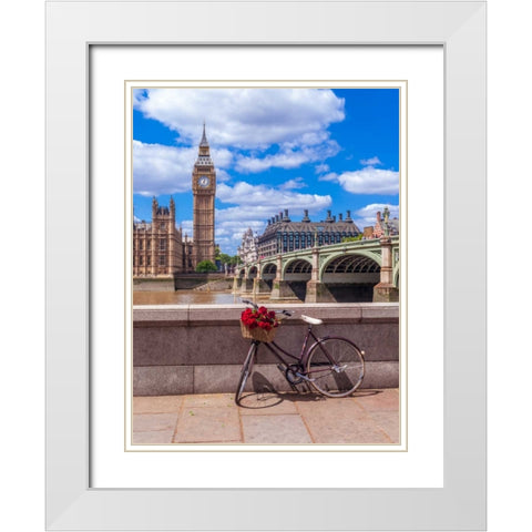 Bunch of Roses on a bicycle agaisnt Westminster Abby, London, UK White Modern Wood Framed Art Print with Double Matting by Frank, Assaf