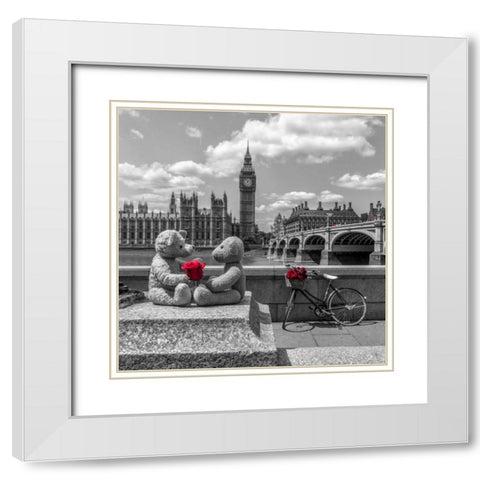 Teddy Bears with red rose agasint Westminster Abby, London, UK White Modern Wood Framed Art Print with Double Matting by Frank, Assaf