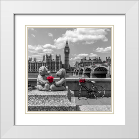 Teddy Bears with red rose agasint Westminster Abby, London, UK White Modern Wood Framed Art Print with Double Matting by Frank, Assaf