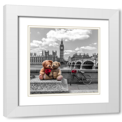 Teddy Bears with red rose agasint Westminster Abby, London, UK White Modern Wood Framed Art Print with Double Matting by Frank, Assaf