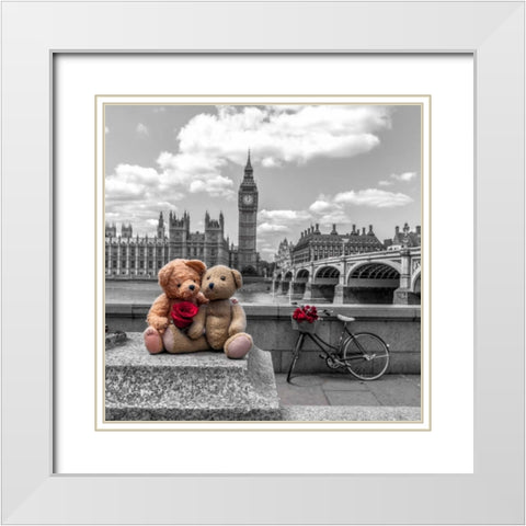Teddy Bears with red rose agasint Westminster Abby, London, UK White Modern Wood Framed Art Print with Double Matting by Frank, Assaf