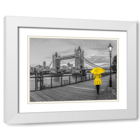 Lady in yellow, Tower bridge, London White Modern Wood Framed Art Print with Double Matting by Frank, Assaf