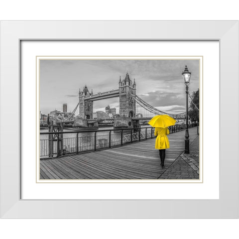 Lady in yellow, Tower bridge, London White Modern Wood Framed Art Print with Double Matting by Frank, Assaf