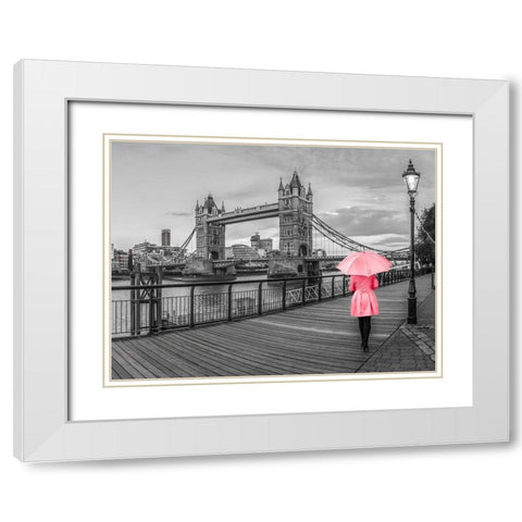 Lady in pink, Tower bridge, London White Modern Wood Framed Art Print with Double Matting by Frank, Assaf