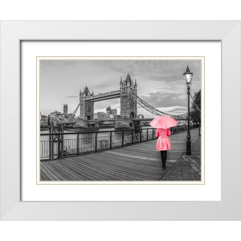 Lady in pink, Tower bridge, London White Modern Wood Framed Art Print with Double Matting by Frank, Assaf