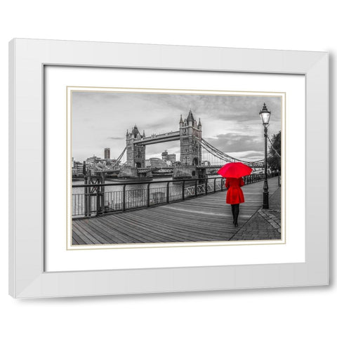 Tourist with red umbrella on promenade near Tower bridge, London, UK White Modern Wood Framed Art Print with Double Matting by Frank, Assaf