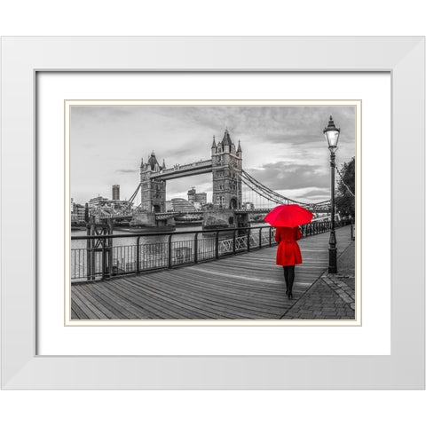 Tourist with red umbrella on promenade near Tower bridge, London, UK White Modern Wood Framed Art Print with Double Matting by Frank, Assaf