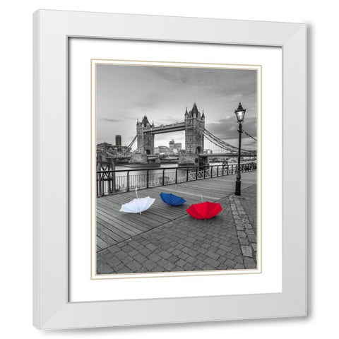 Colorful umbrellas on promenade near Tower bridge-London-UK White Modern Wood Framed Art Print with Double Matting by Frank, Assaf