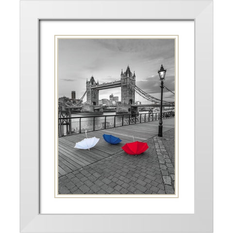Colorful umbrellas on promenade near Tower bridge-London-UK White Modern Wood Framed Art Print with Double Matting by Frank, Assaf