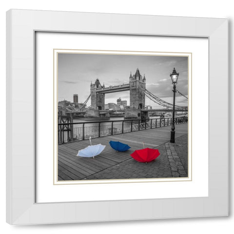 Colorful umbrellas on promenade near Tower bridge, London, UK White Modern Wood Framed Art Print with Double Matting by Frank, Assaf