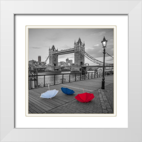 Colorful umbrellas on promenade near Tower bridge, London, UK White Modern Wood Framed Art Print with Double Matting by Frank, Assaf