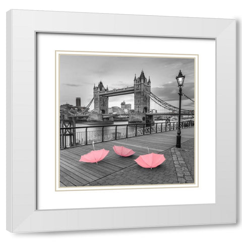 Pink umbrellas, Tower bridge, London White Modern Wood Framed Art Print with Double Matting by Frank, Assaf