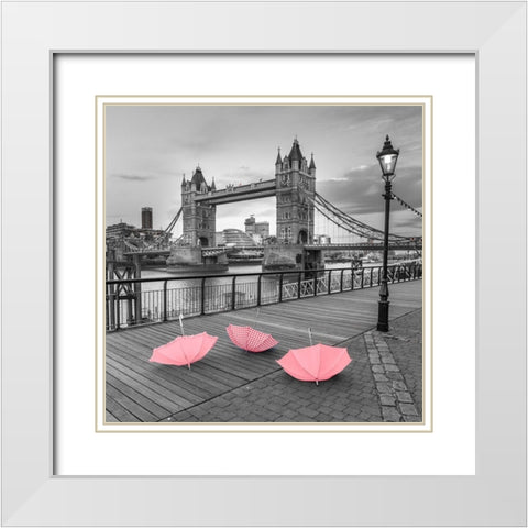 Pink umbrellas, Tower bridge, London White Modern Wood Framed Art Print with Double Matting by Frank, Assaf
