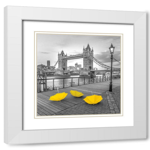 Yellow umbrellas, Tower bridge, London White Modern Wood Framed Art Print with Double Matting by Frank, Assaf