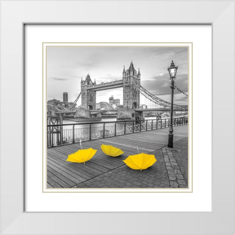Yellow umbrellas, Tower bridge, London White Modern Wood Framed Art Print with Double Matting by Frank, Assaf